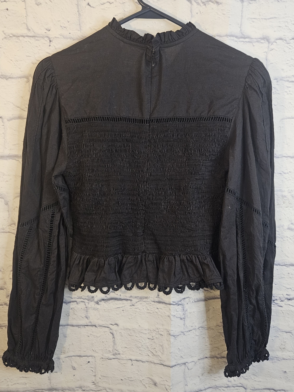 Farm Rio Sz Small Black Lace-Trim Smocked Peasant Top - Picture 4 of 9